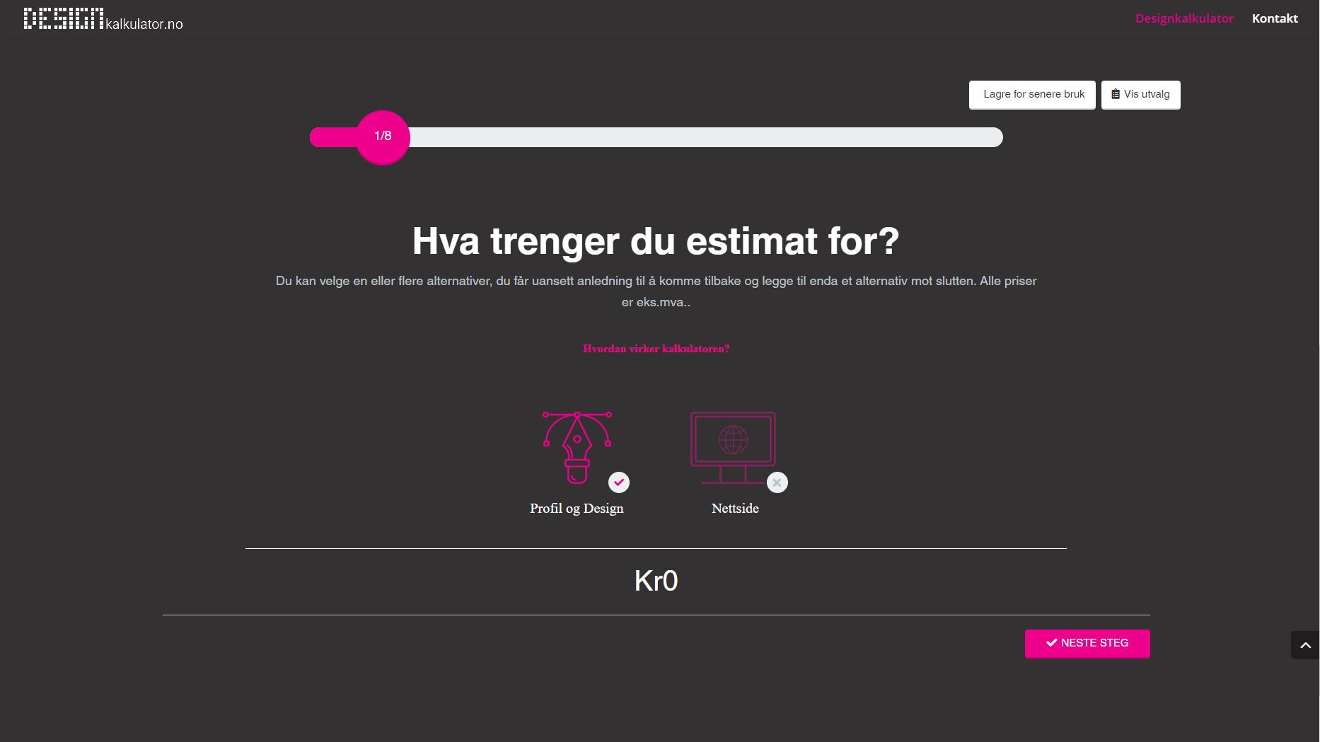 Skjermbilde kalkulator foerste steg Designkalkulator første steg