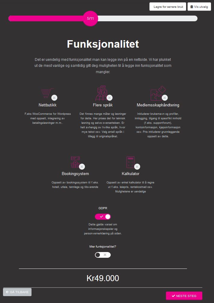 funksjonalitet Designkalkulator bilde av valg av funksjonalitet på nettside