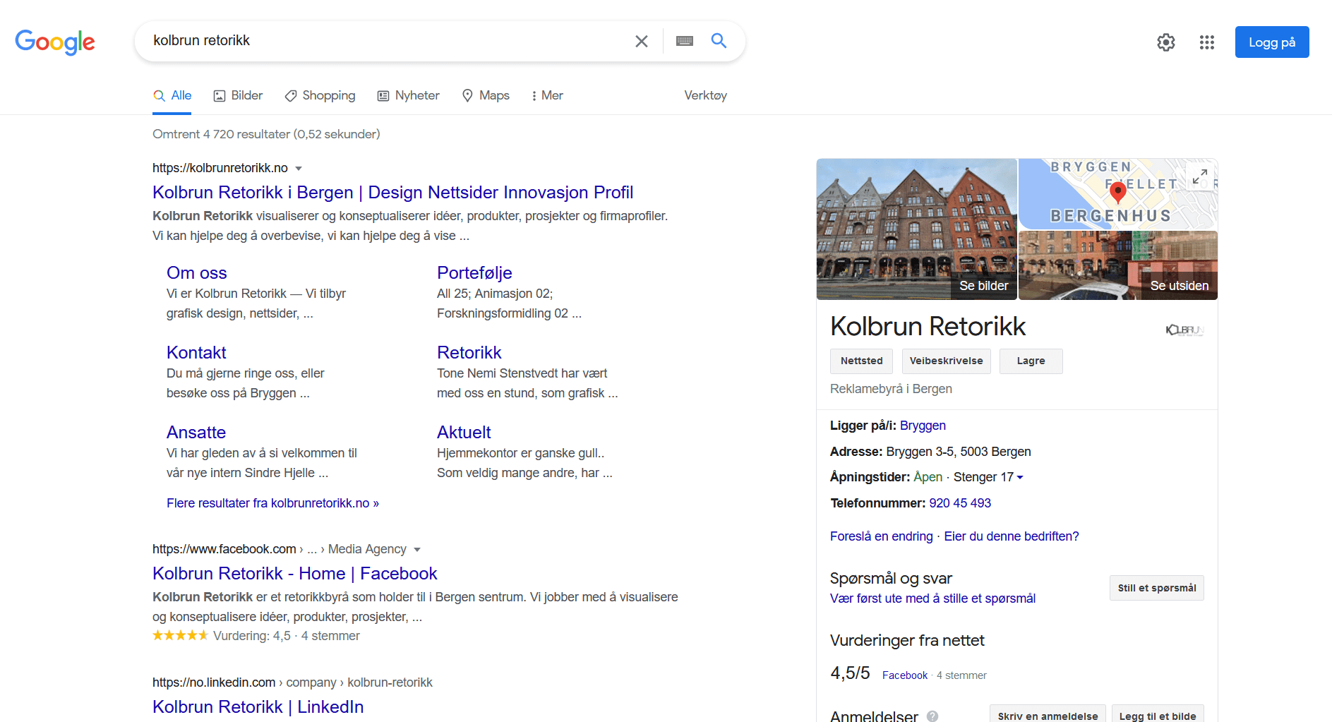 Designkalkulator Skjermdump fra Google Bedriftsprofil oppføring for Kolbrun Retorikk