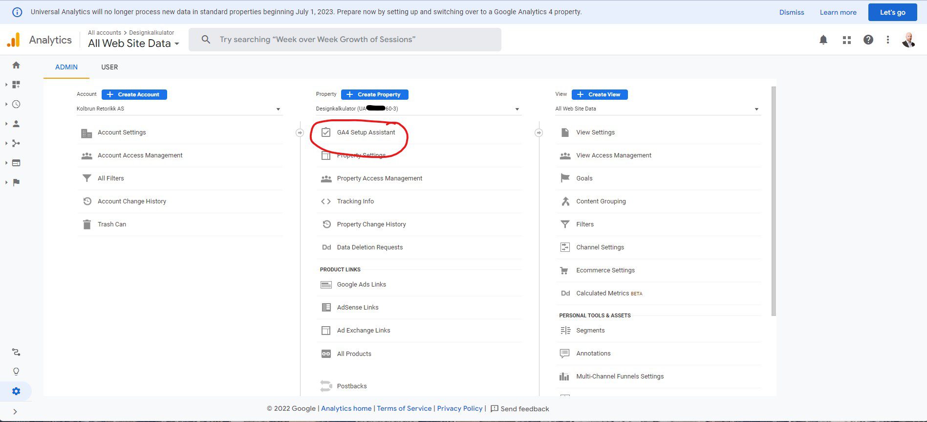 Designkalkulator Skjermbilde av Google Analytics med GA4 wizard